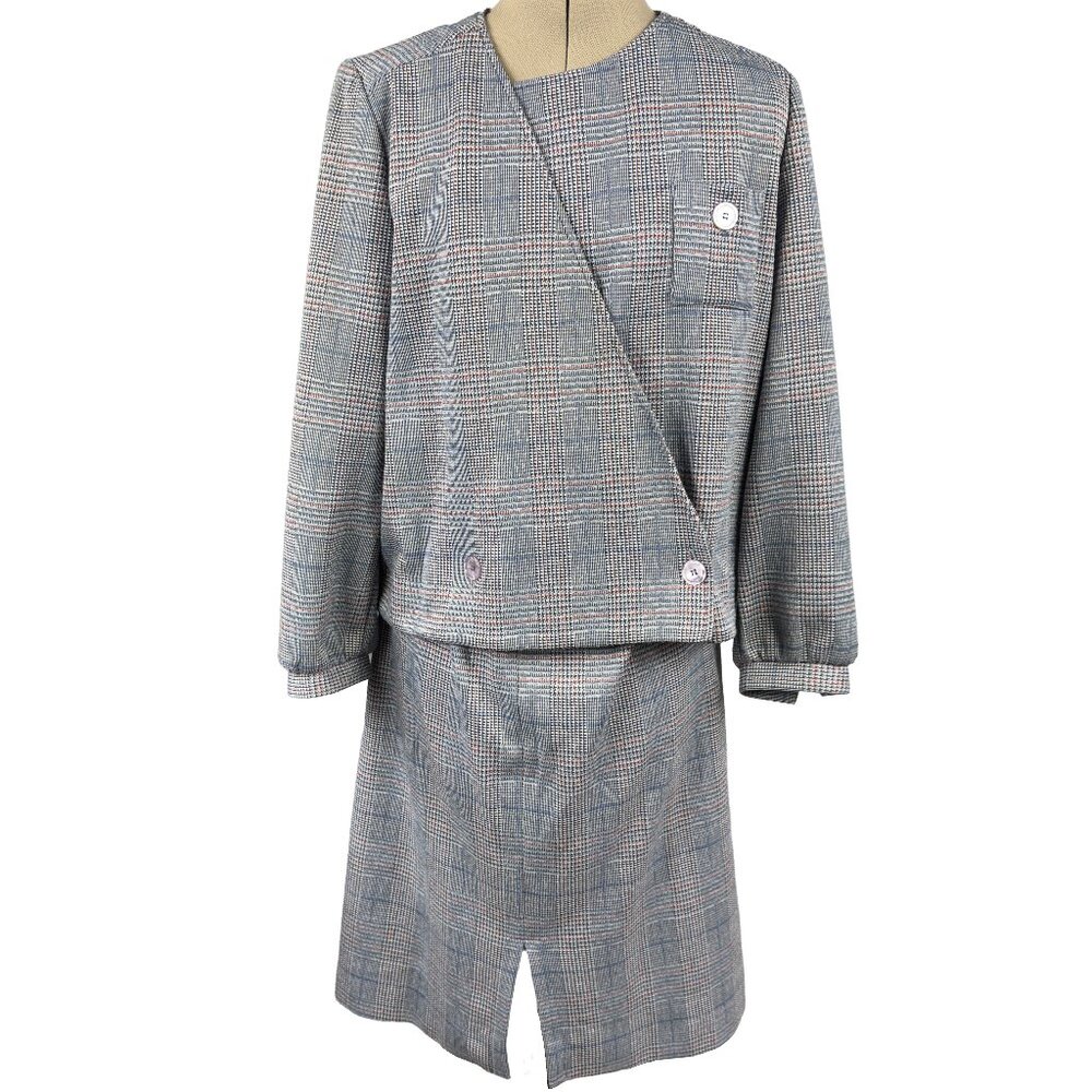 Vintage Lady Carol NY Glen Plaid Wrap Top & Skirt 2PC Set Button Front